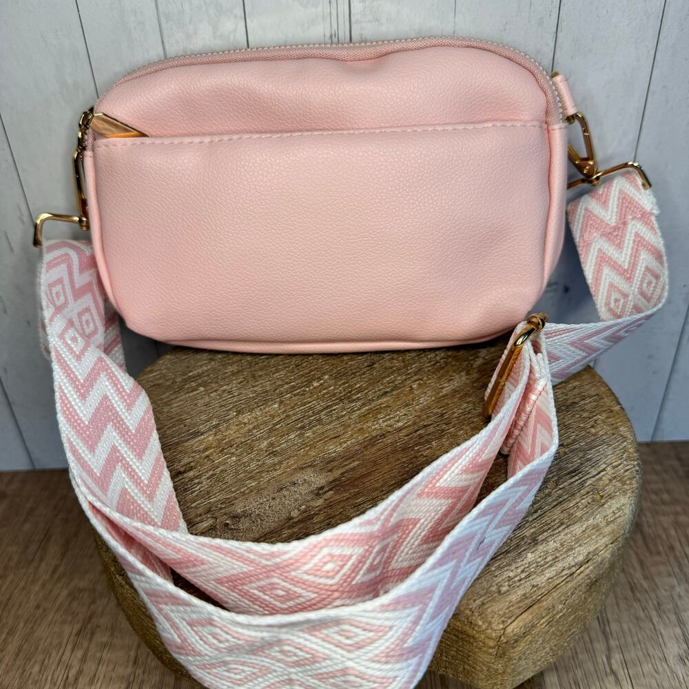 Pink Camera Vegan Crossbody Bag w Chevron Purse strap NEW FAST SHIP